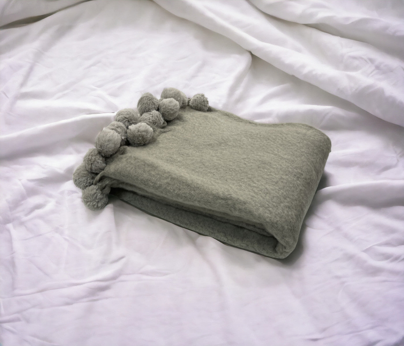 Plush Grey Wool Blend Throw With Pom Pom Trim Detail