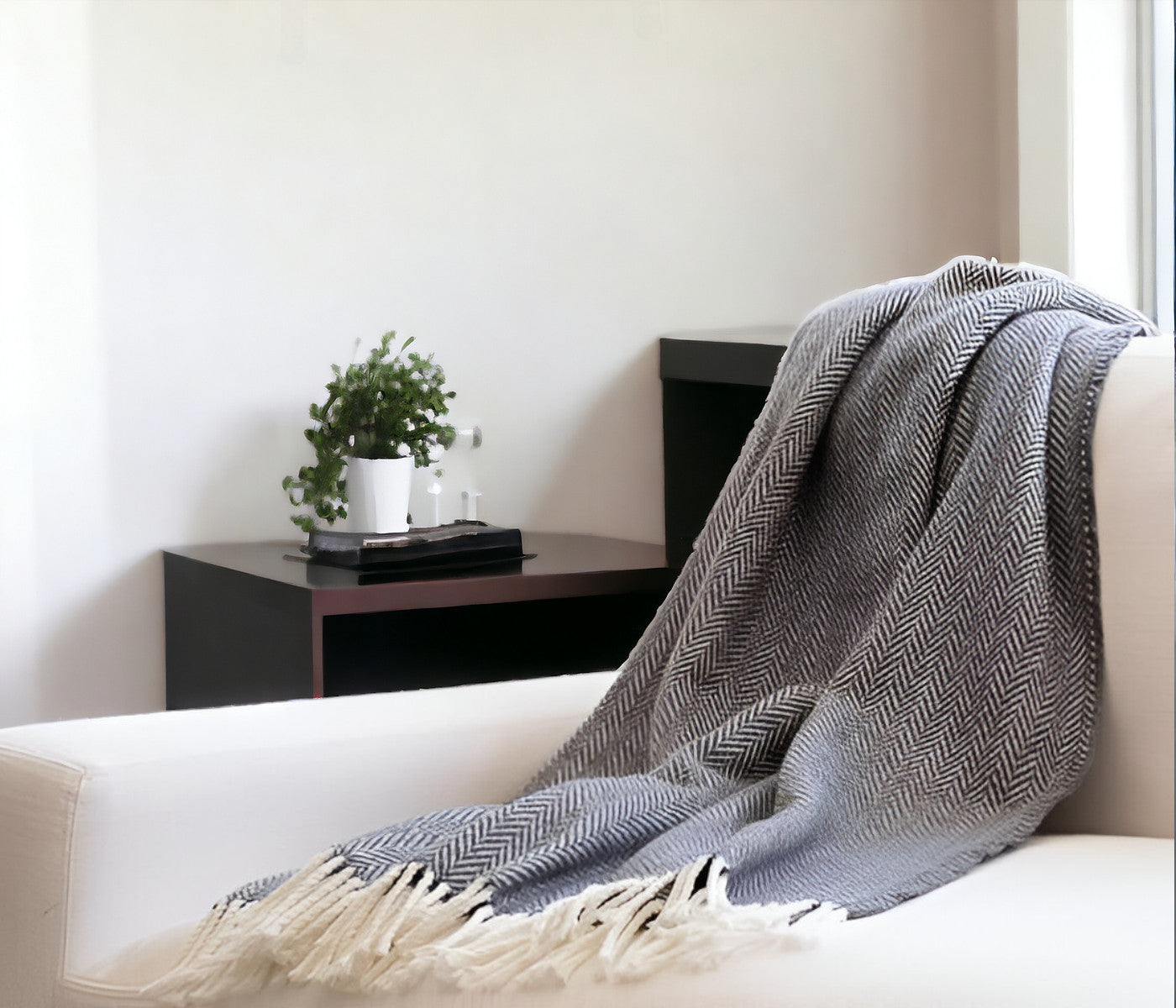 Dark Grey and White Dreamy Soft Herringbone Throw Blanket