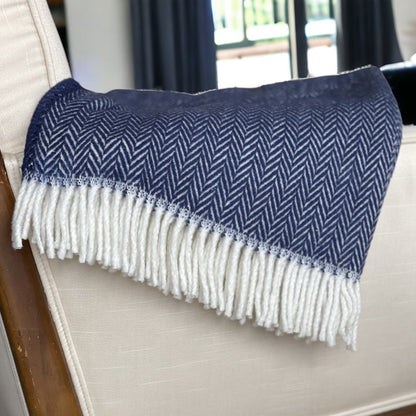 70" X 55" Navy Blue And White Cotton Blend Woven Herringbone Plush Throw Blanket with Tassels