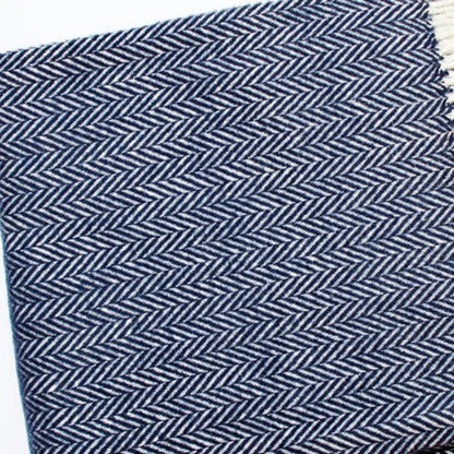 70" X 55" Navy Blue And White Cotton Blend Woven Herringbone Plush Throw Blanket with Tassels