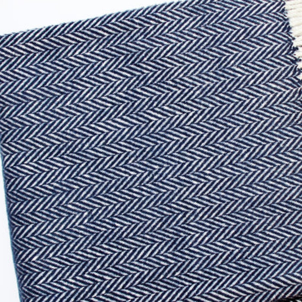 70" X 55" Navy Blue And White Cotton Blend Woven Herringbone Plush Throw Blanket with Tassels
