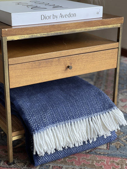 70" X 55" Navy Blue And White Cotton Blend Woven Herringbone Plush Throw Blanket with Tassels
