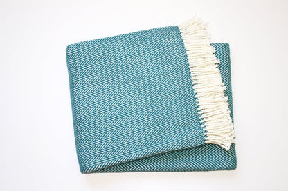 70" X 55" Teal Blue And White Cotton Blend Woven Herringbone Plush Throw Blanket with Tassels