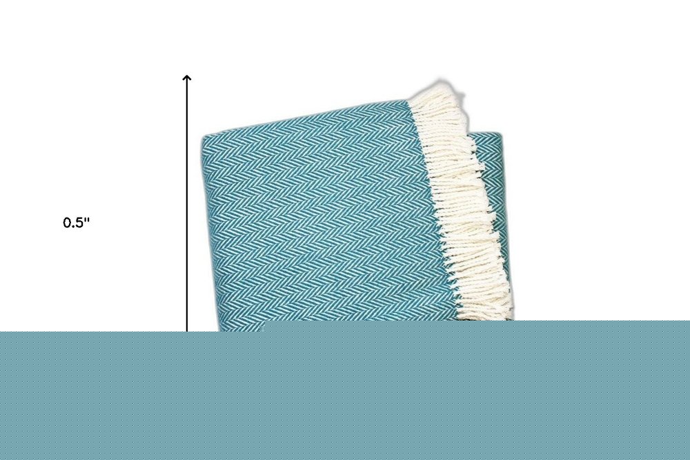 70" X 55" Teal Blue And White Cotton Blend Woven Herringbone Plush Throw Blanket with Tassels