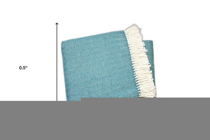 70" X 55" Teal Blue And White Cotton Blend Woven Herringbone Plush Throw Blanket with Tassels