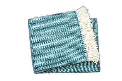 70" X 55" Teal Blue And White Cotton Blend Woven Herringbone Plush Throw Blanket with Tassels