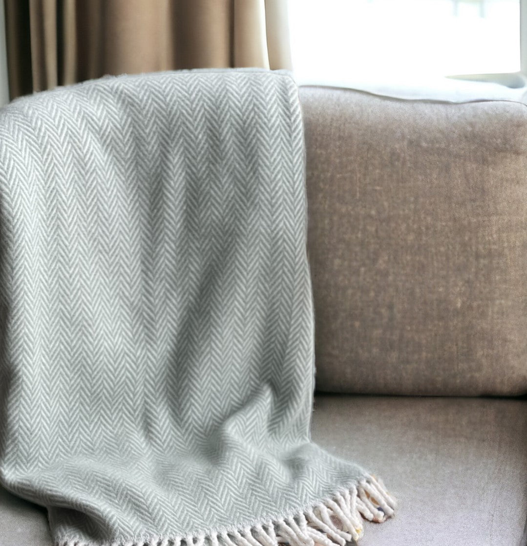 70" X 55" Sage Woven Cotton Herringbone Plush Throw Blanket