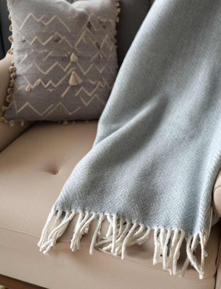70" X 55" Sky Blue And White Cotton Blend Woven Herringbone Plush Throw Blanket with Tassels