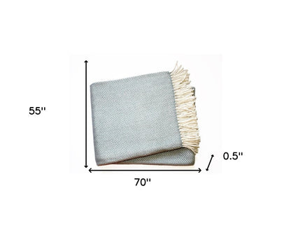 70" X 55" Sky Blue And White Cotton Blend Woven Herringbone Plush Throw Blanket with Tassels