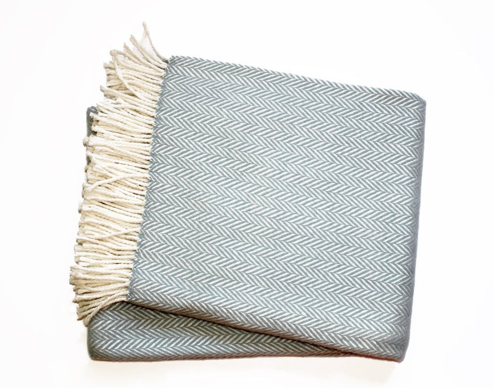 70" X 55" Sky Blue And White Cotton Blend Woven Herringbone Plush Throw Blanket with Tassels
