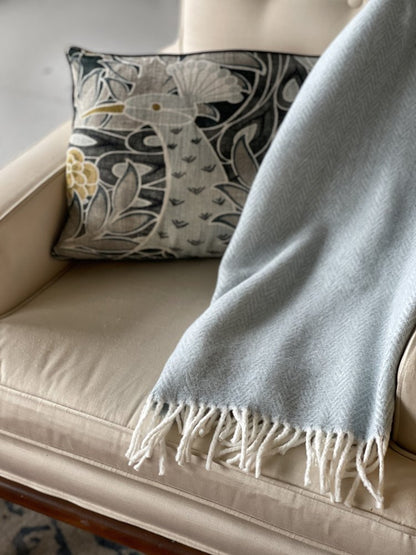 70" X 55" Sky Blue And White Cotton Blend Woven Herringbone Plush Throw Blanket with Tassels