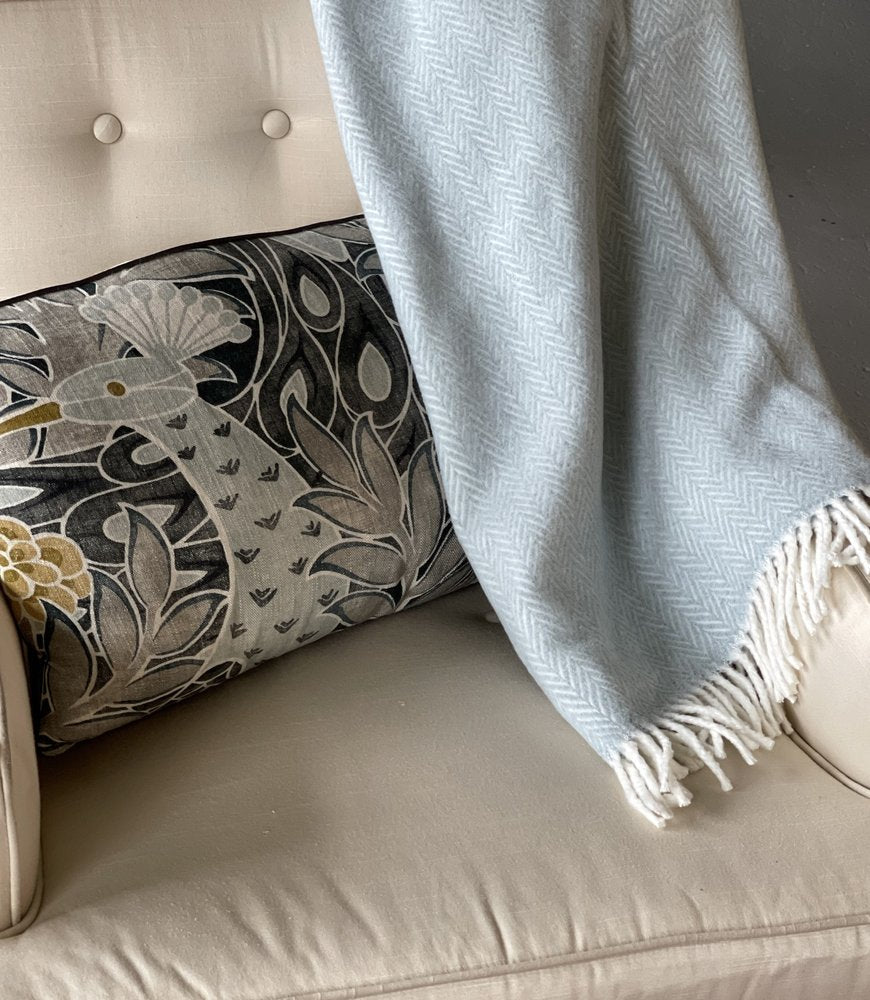 70" X 55" Sky Blue And White Cotton Blend Woven Herringbone Plush Throw Blanket with Tassels