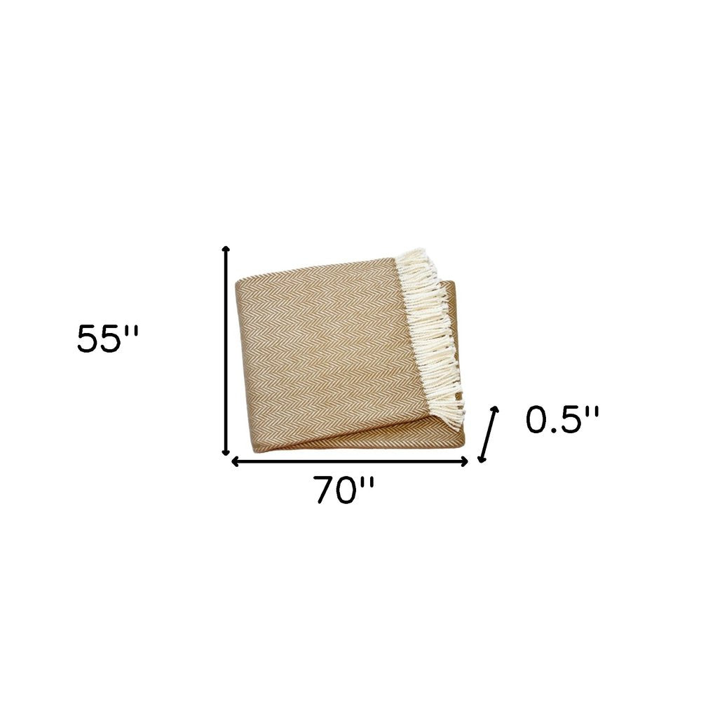 70" X 55" Copper And White Cotton Blend Woven Herringbone Plush Throw Blanket with Tassels