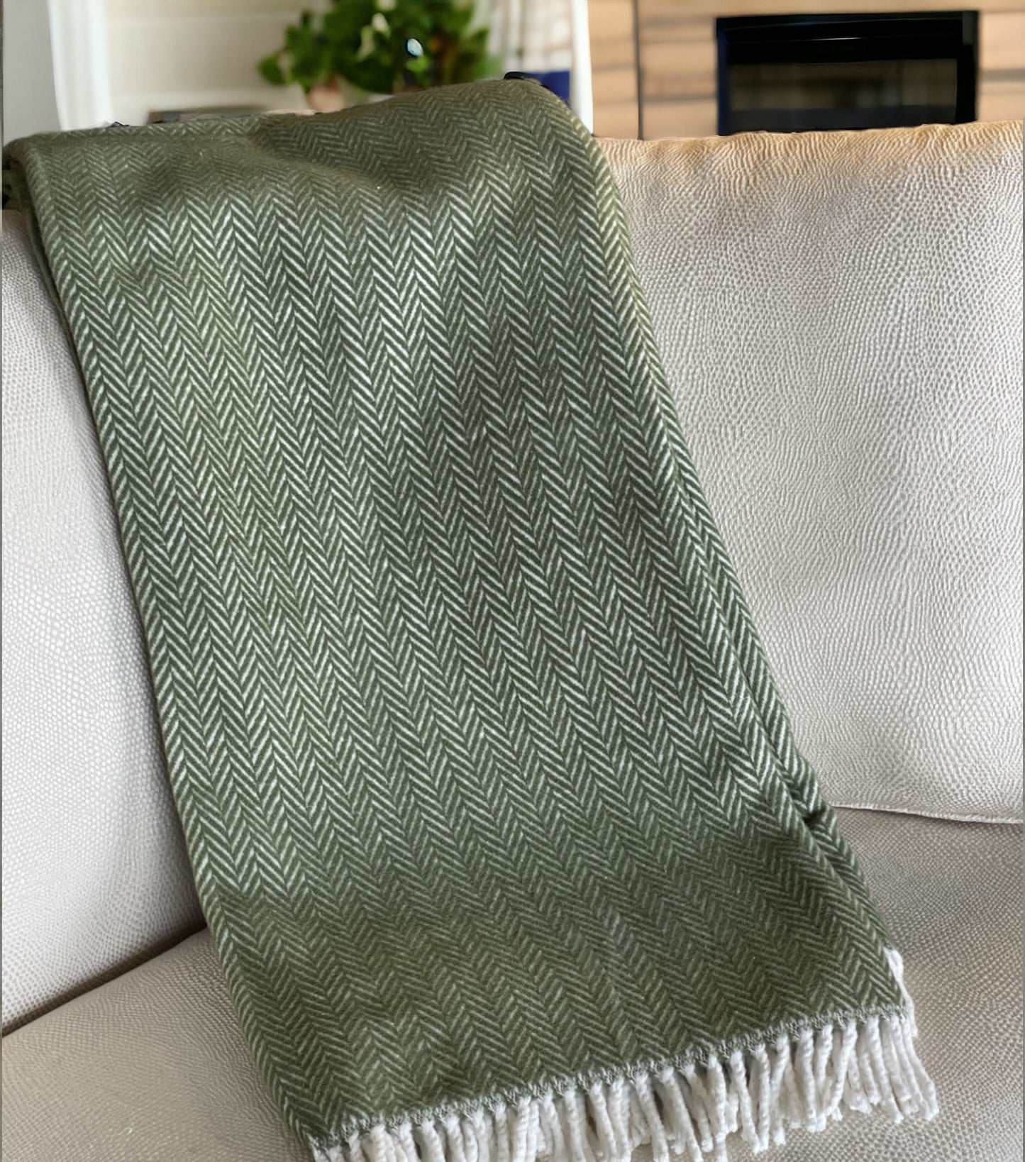 Moss Green and White Dreamy Soft Herringbone Throw Blanket