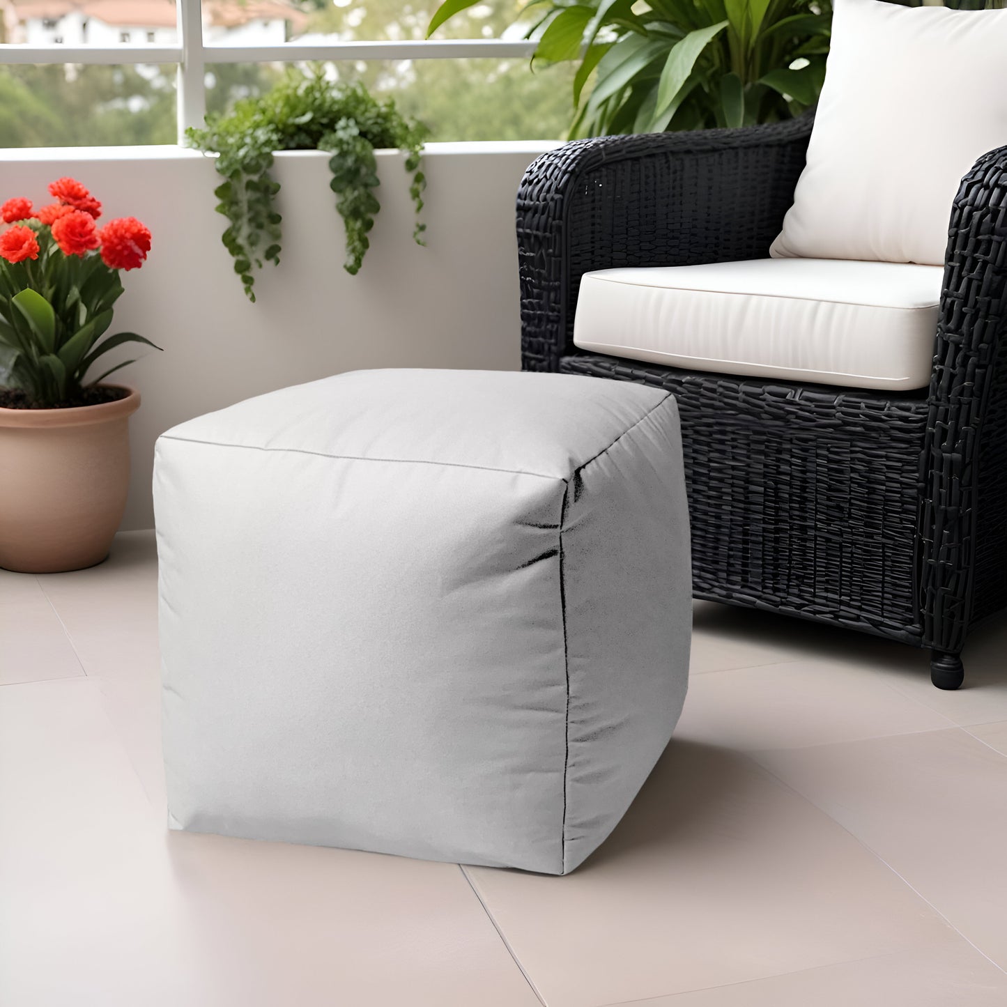 17" Cool Crisp White Solid Color Indoor Outdoor Pouf Ottoman