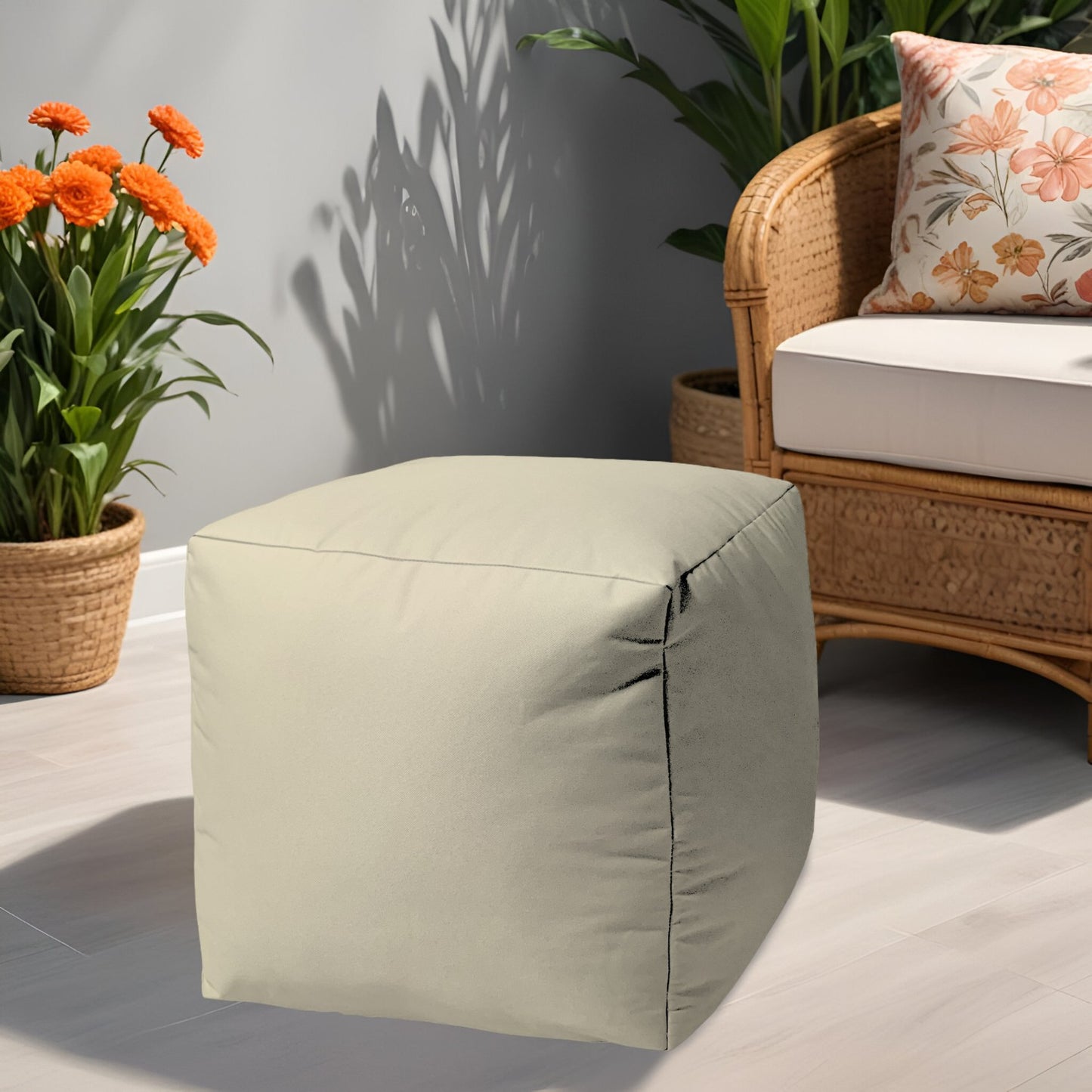 17" Ivory Canvas Cube Outdoor Pouf Ottoman