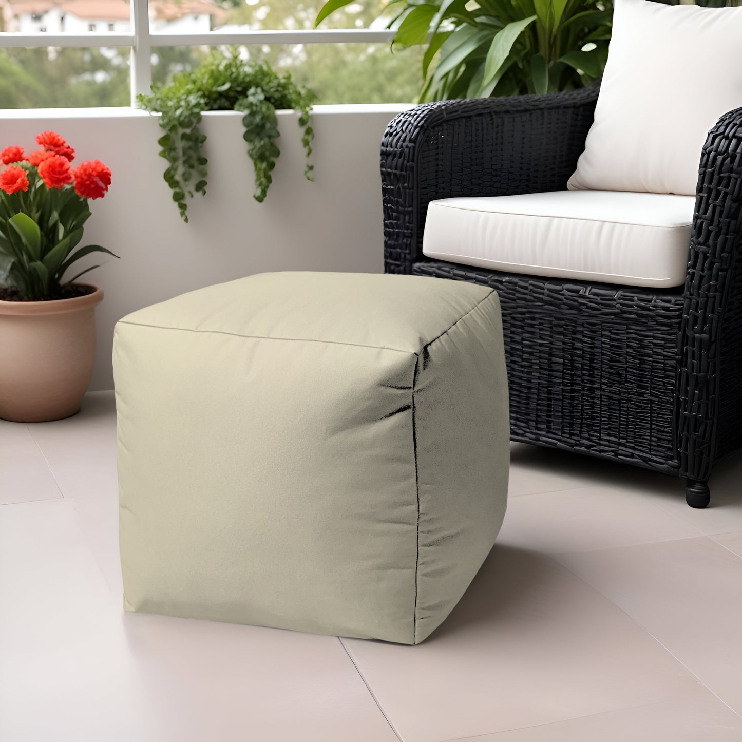 17" Ivory Canvas Cube Outdoor Pouf Ottoman