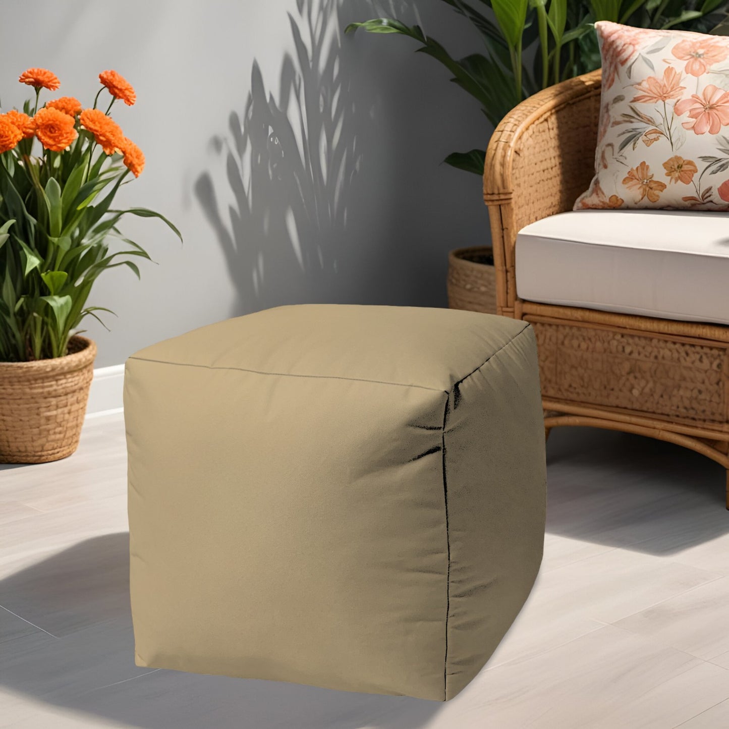 17" Khaki Canvas Cube Outdoor Pouf Ottoman