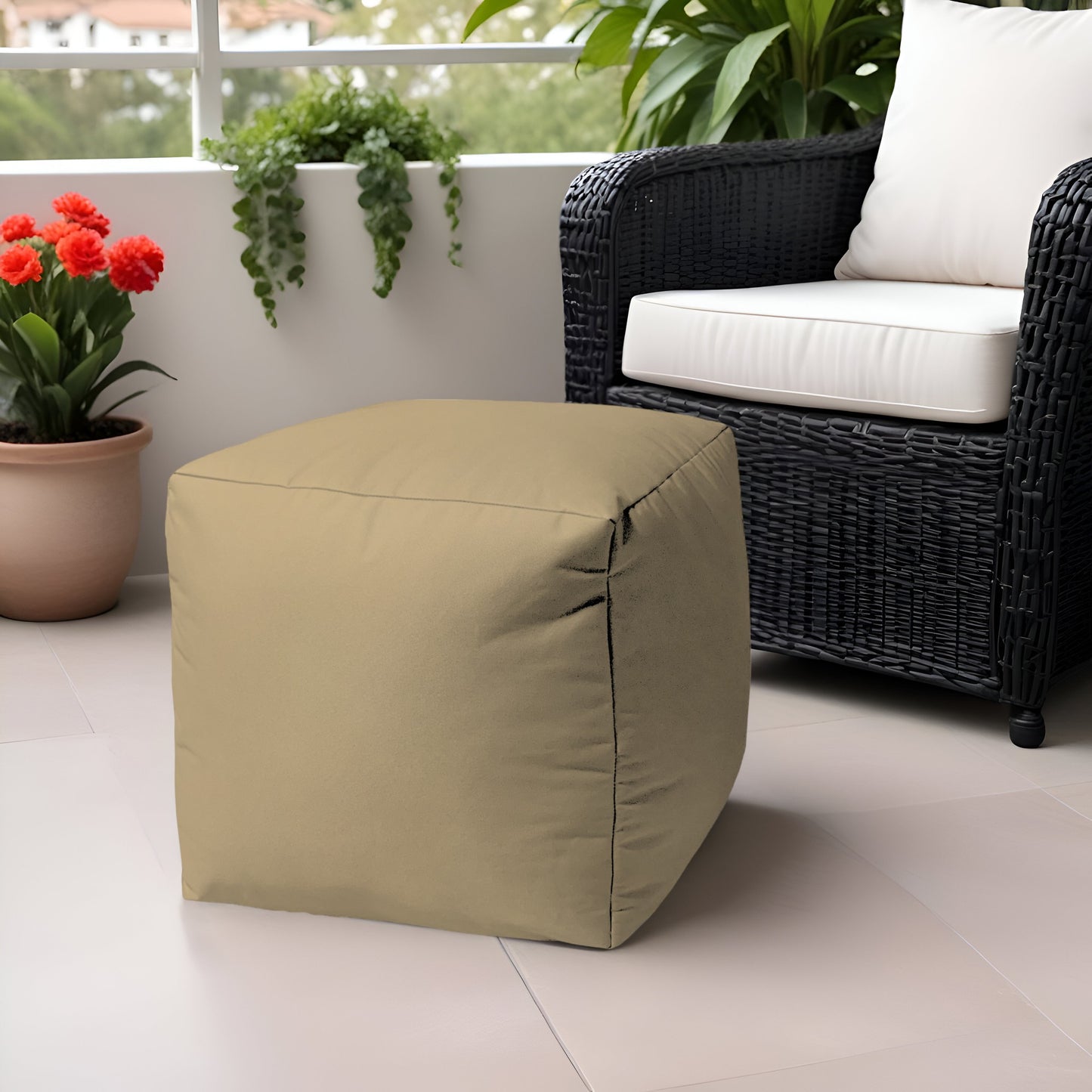 17" Khaki Canvas Cube Outdoor Pouf Ottoman