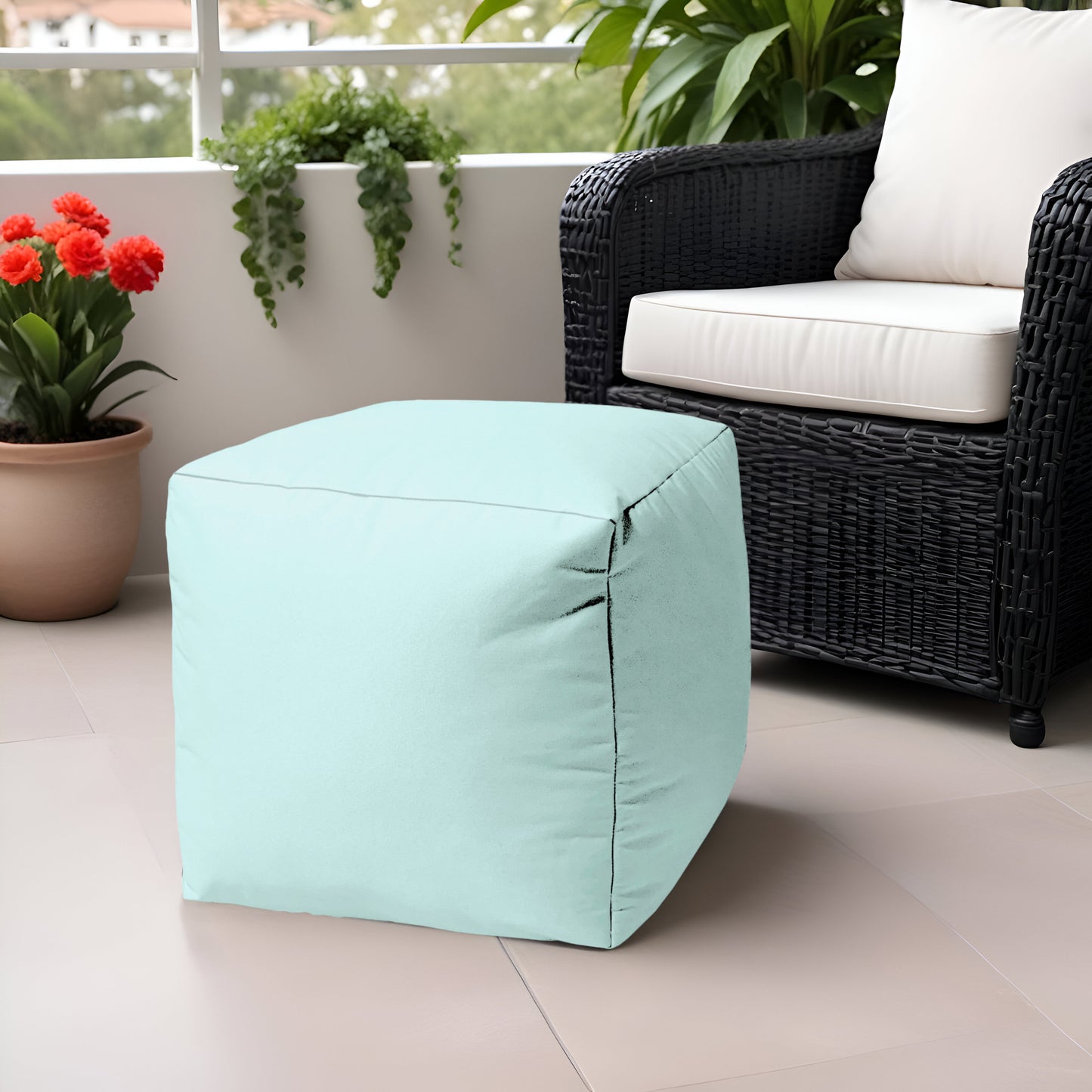 17" Cool Pale Aqua Solid Color Indoor Outdoor Pouf Ottoman