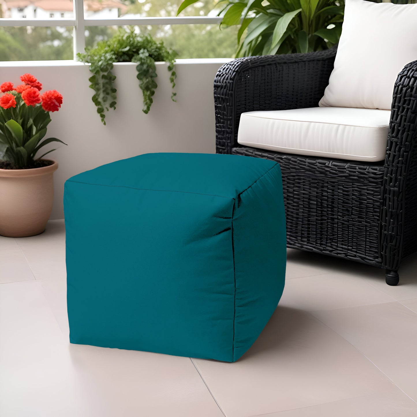 17" Cool Dark Teal Solid Color Indoor Outdoor Pouf Ottoman