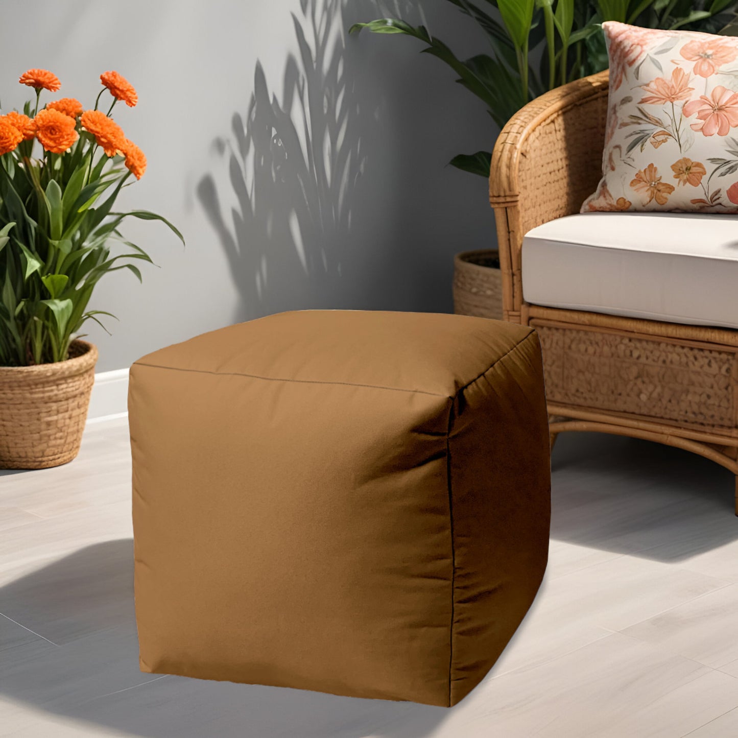 17" Brown Canvas Cube Outdoor Pouf Ottoman