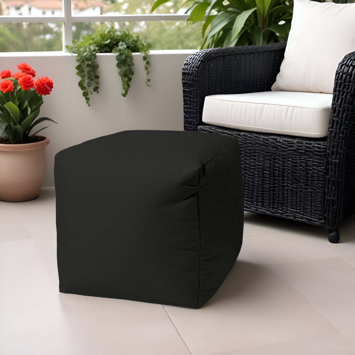 17" Cool Jet Black Solid Color Indoor Outdoor Pouf Ottoman