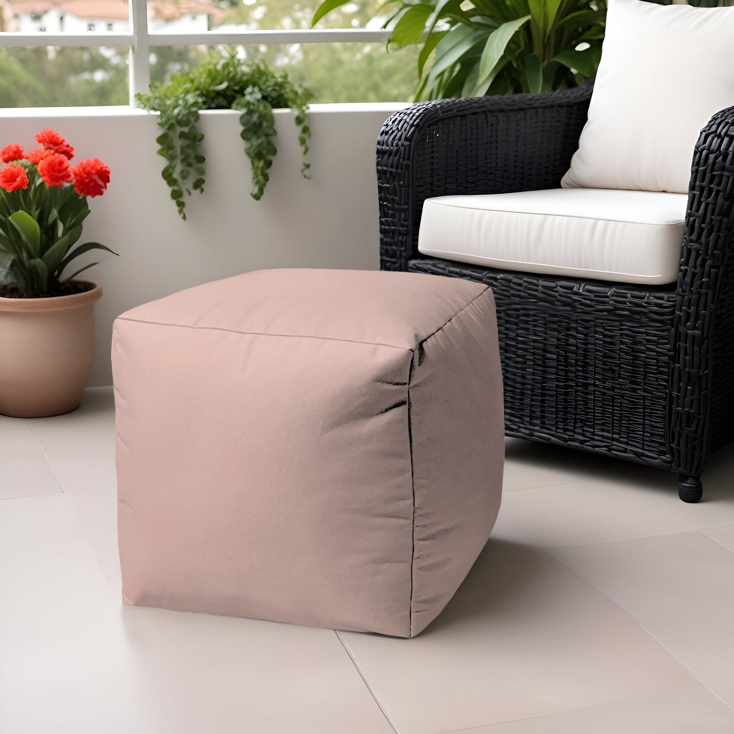 17" Pale Pink Canvas Cube Outdoor Pouf Ottoman