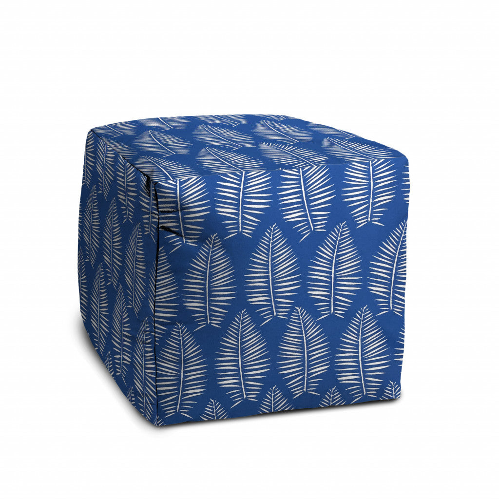 17" Blue and White Polyester Cube Floral Outdoor Pouf Ottoman