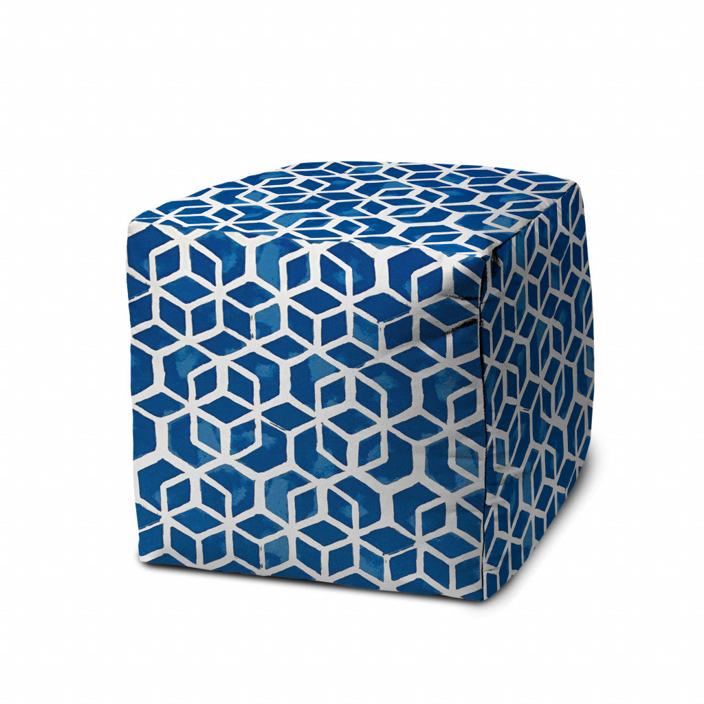 17" Blue and White Polyester Cube Geometric Indoor Outdoor Pouf Ottoman