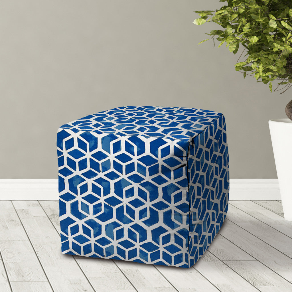 17" Blue and White Polyester Cube Geometric Indoor Outdoor Pouf Ottoman