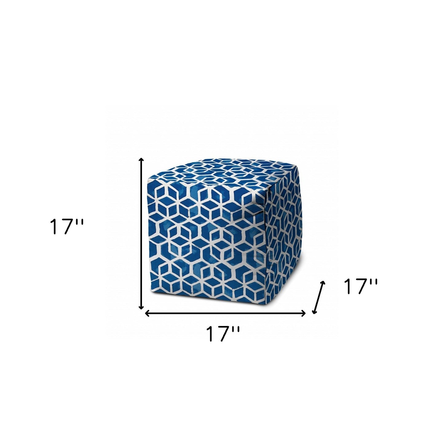 17" Blue and White Polyester Cube Geometric Indoor Outdoor Pouf Ottoman