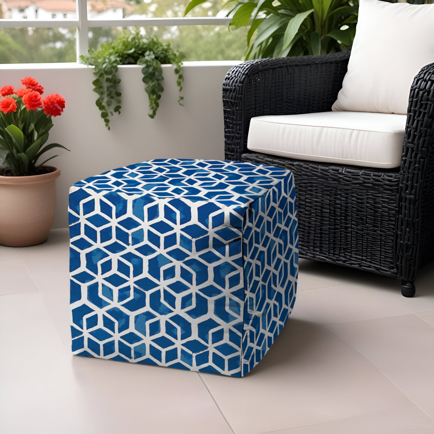 17" Blue and White Polyester Cube Geometric Indoor Outdoor Pouf Ottoman