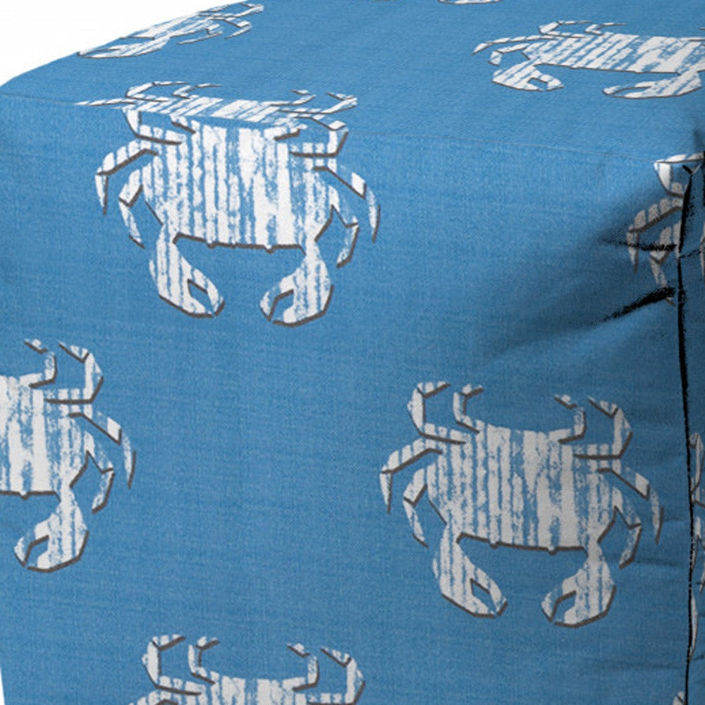 17" Blue and White Polyester Cube Crab Outdoor Pouf Ottoman