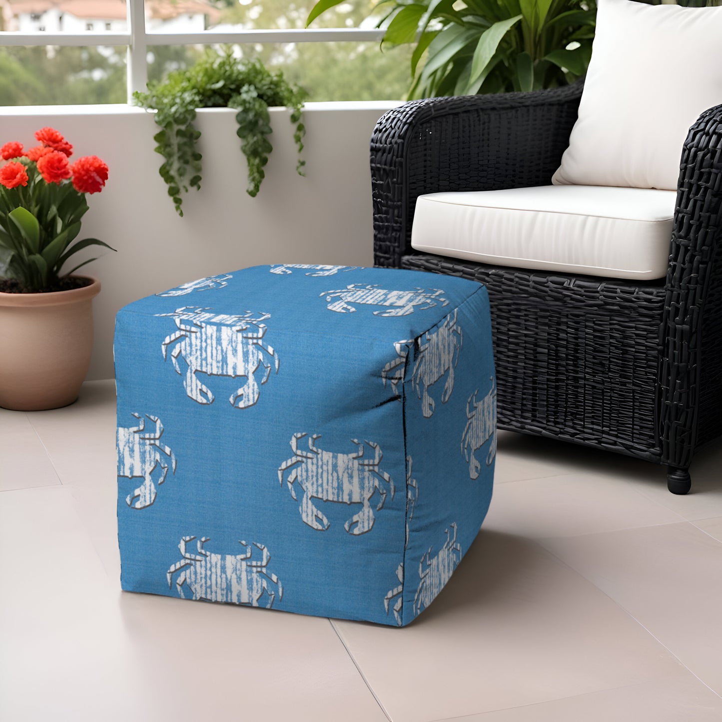 17" Blue and White Polyester Cube Crab Outdoor Pouf Ottoman