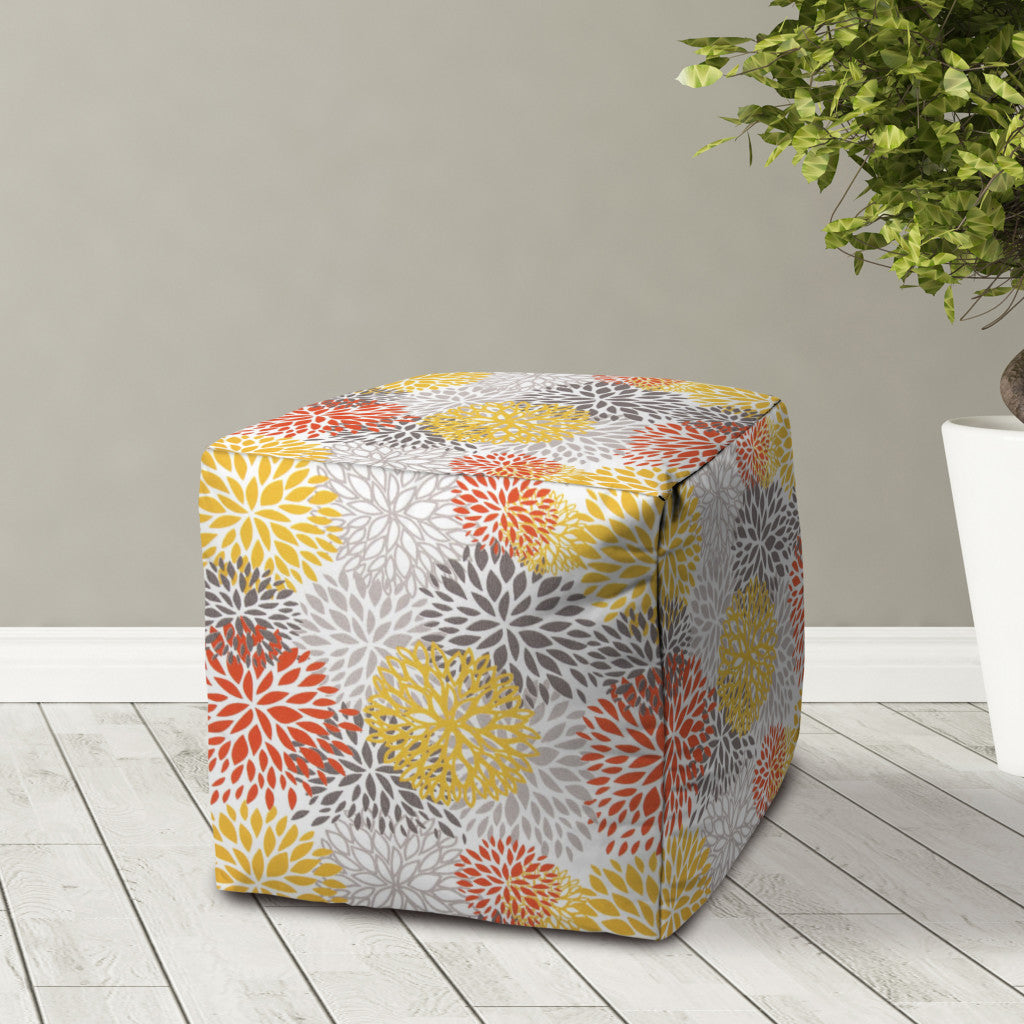 17" Yellow Gray and White Polyester Cube Floral Outdoor Pouf Ottoman