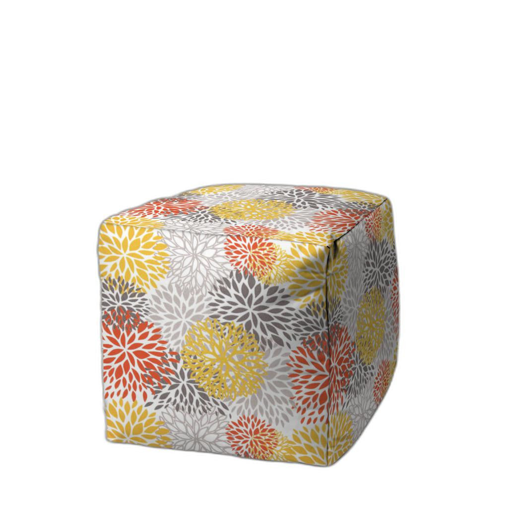 17" Yellow Gray and White Polyester Cube Floral Outdoor Pouf Ottoman