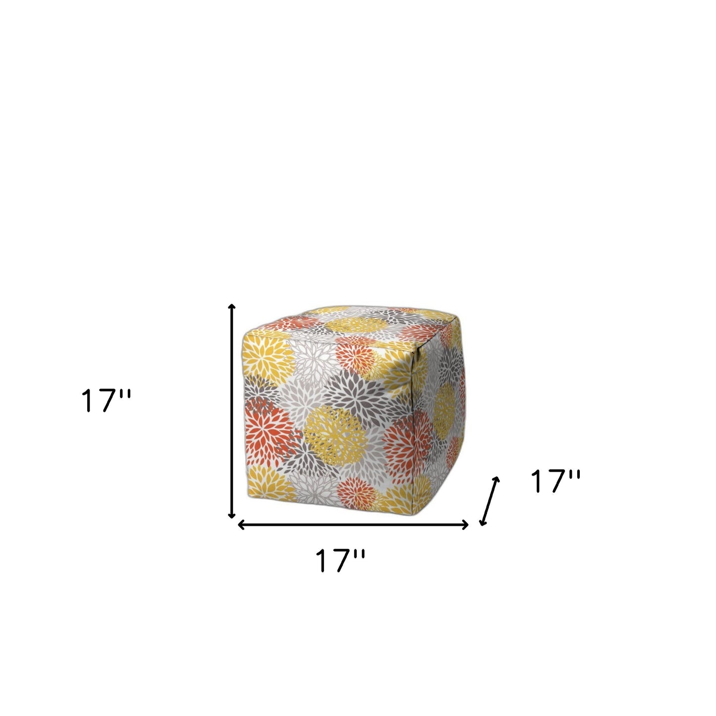 17" Yellow Gray and White Polyester Cube Floral Outdoor Pouf Ottoman