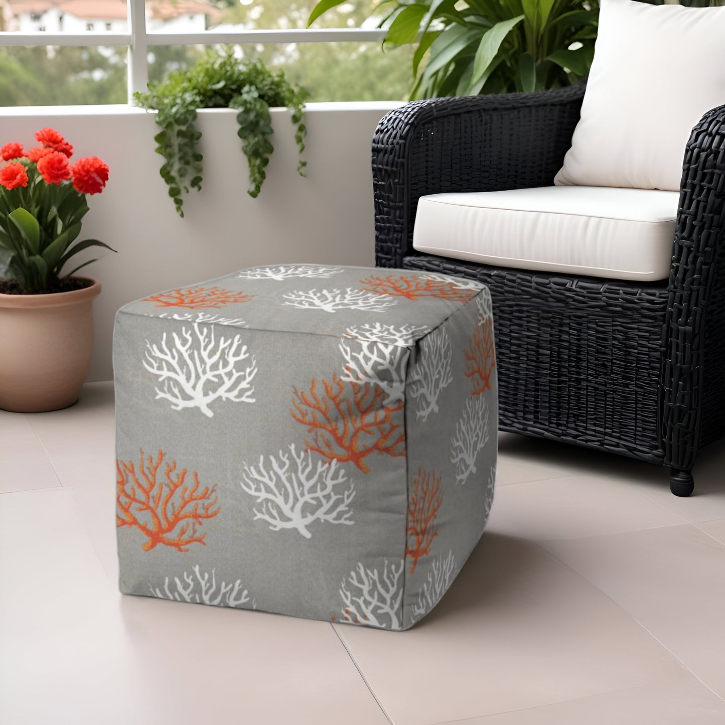 17" Gray White and Orange Polyester Cube Coral Outdoor Pouf Ottoman