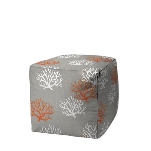 17" Gray White and Orange Polyester Cube Coral Outdoor Pouf Ottoman