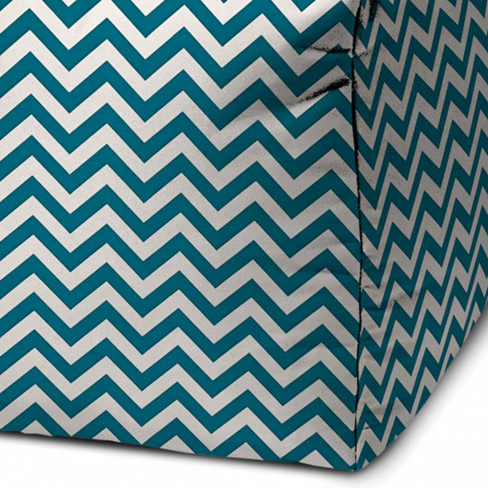 17" Turquoise and White Polyester Cube Chevron Outdoor Pouf Ottoman