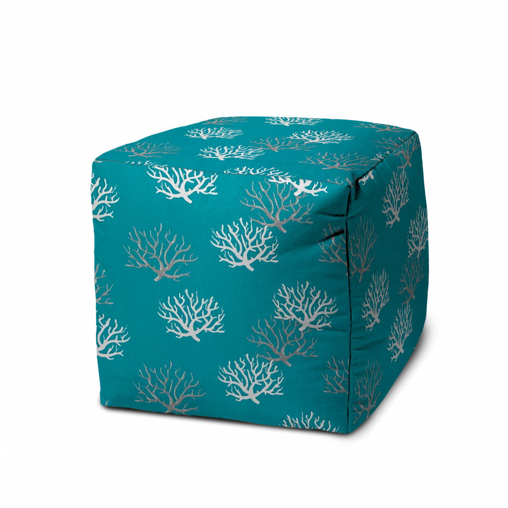 17" Turquoise White and Gray Polyester Cube Coral Outdoor Pouf Ottoman