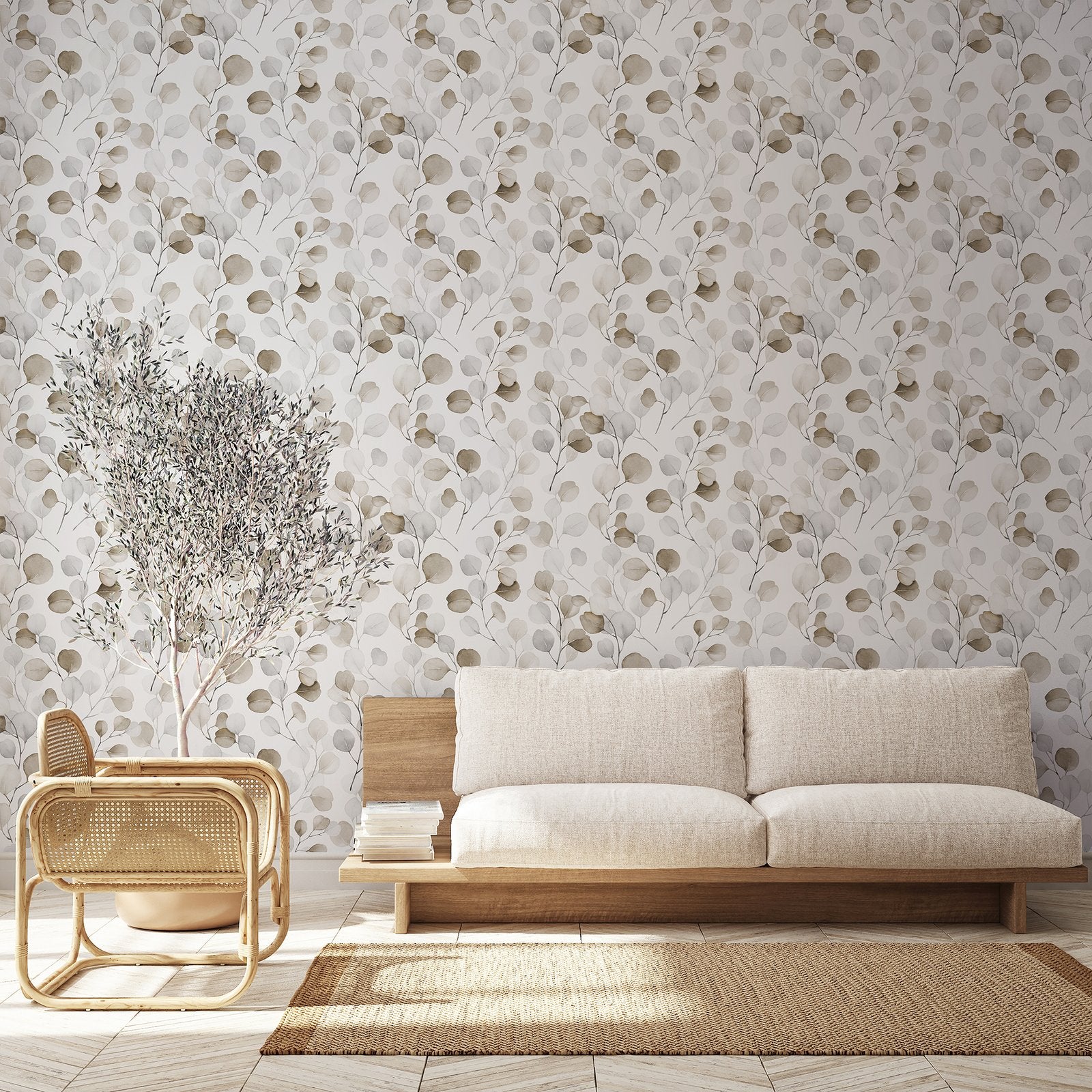 Bronze Eucalyptus Wallpaper by Galerie Wallcoverings from the Flora collection featuring detailed eucalyptus leaves in warm bronze and brown tones. Durable vinyl wallpaper with an extra washable surface, paste-the-wall installation, and dry strippable removal. Perfect for living rooms, bedrooms, dining rooms, hallways, home offices, feature walls, and modern, rustic, farmhouse, contemporary, and transitional interiors. Made in the United Kingdom.