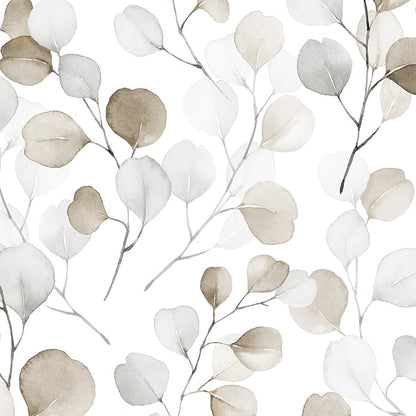 Watercolor eucalyptus leaves wallpaper in bronze and brown tones on cream background.