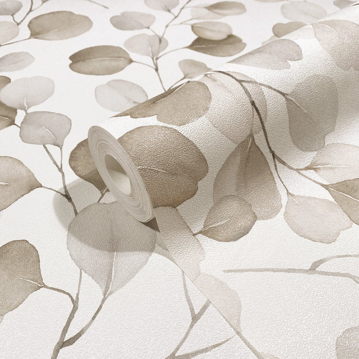 Bronze Eucalyptus Wallpaper by Galerie Wallcoverings from the Flora collection featuring detailed eucalyptus leaves in warm bronze and brown tones. Durable vinyl wallpaper with an extra washable surface, paste-the-wall installation, and dry strippable removal. Perfect for living rooms, bedrooms, dining rooms, hallways, home offices, feature walls, and modern, rustic, farmhouse, contemporary, and transitional interiors. Made in the United Kingdom.
