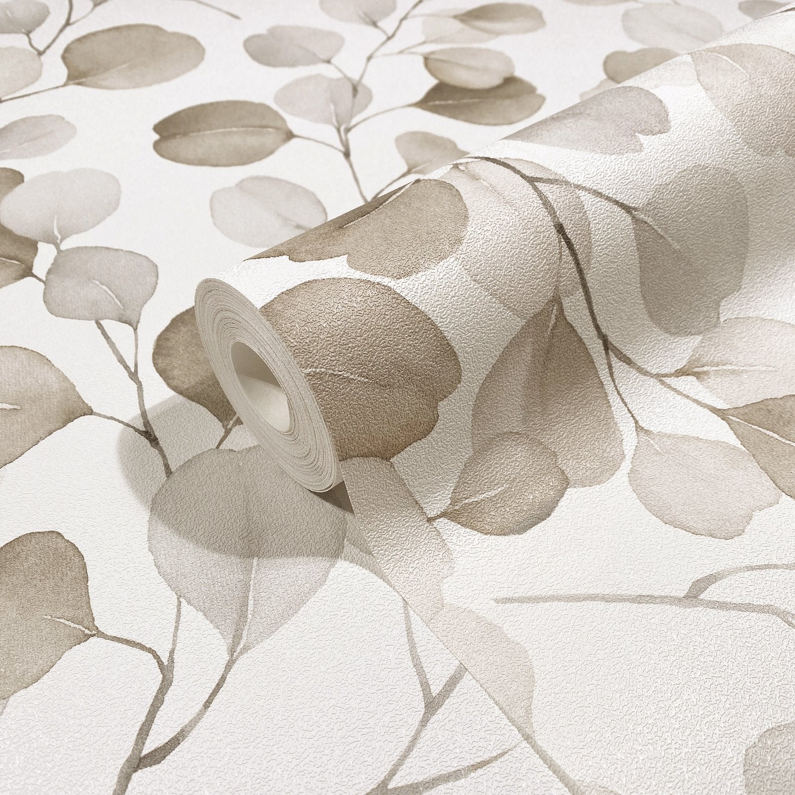 Bronze Eucalyptus Wallpaper by Galerie Wallcoverings from the Flora collection featuring detailed eucalyptus leaves in warm bronze and brown tones. Durable vinyl wallpaper with an extra washable surface, paste-the-wall installation, and dry strippable removal. Perfect for living rooms, bedrooms, dining rooms, hallways, home offices, feature walls, and modern, rustic, farmhouse, contemporary, and transitional interiors. Made in the United Kingdom.