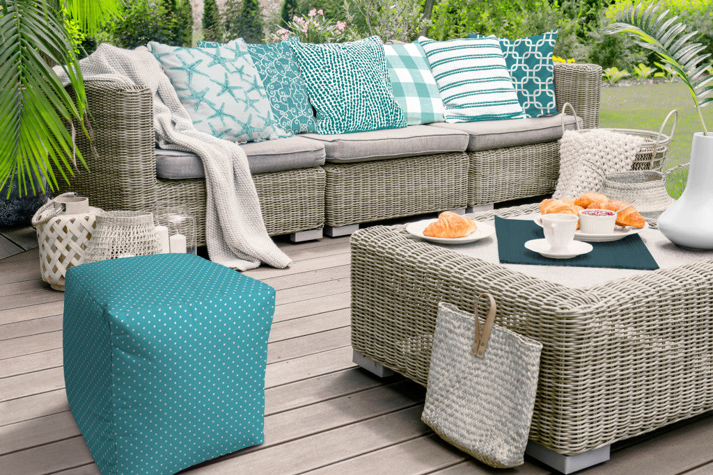 17" Turquoise Polyester Cube Polka Dots Indoor Outdoor Pouf Ottoman