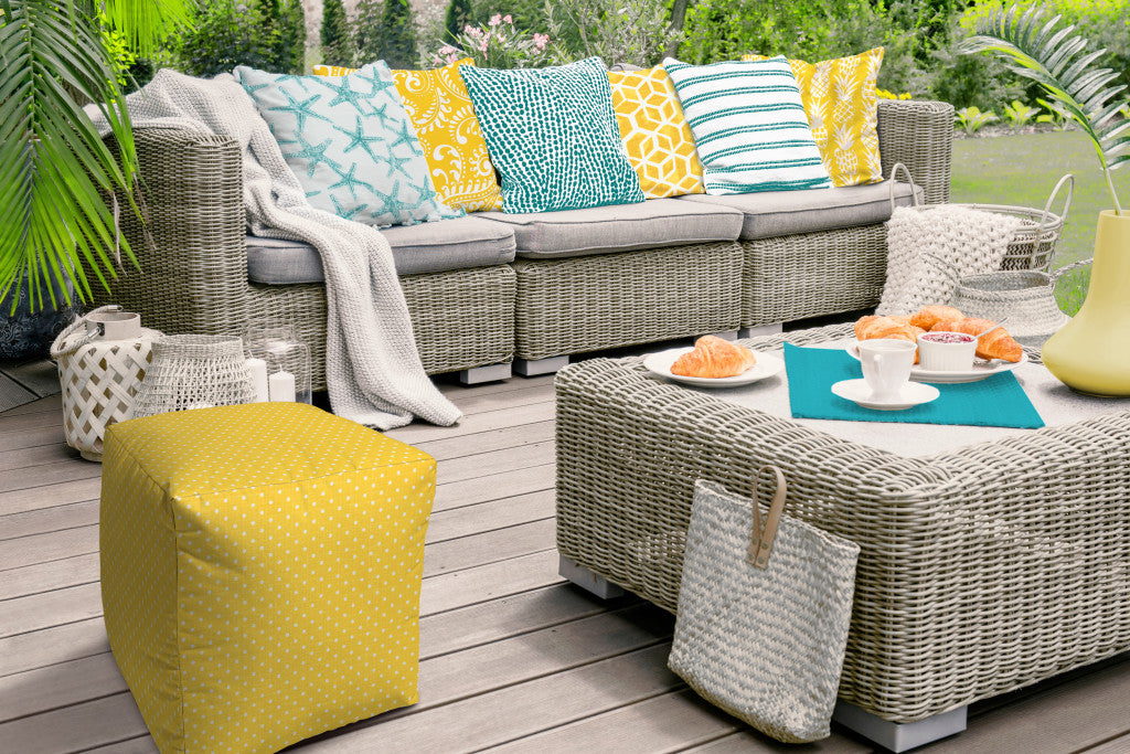 17" Turquoise Polyester Cube Polka Dots Indoor Outdoor Pouf Ottoman