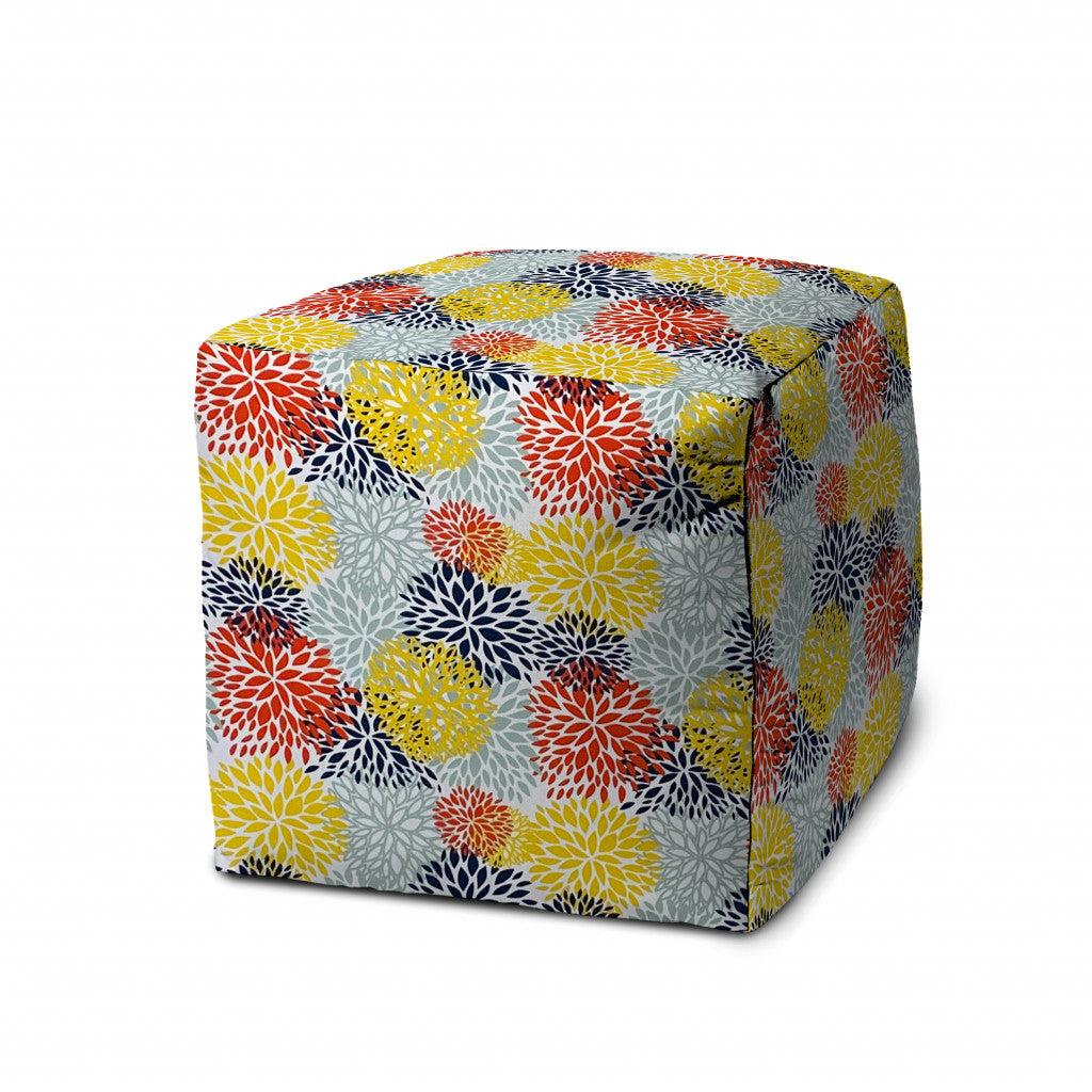 17" Yellow Gray and White Polyester Cube Floral Outdoor Pouf Ottoman