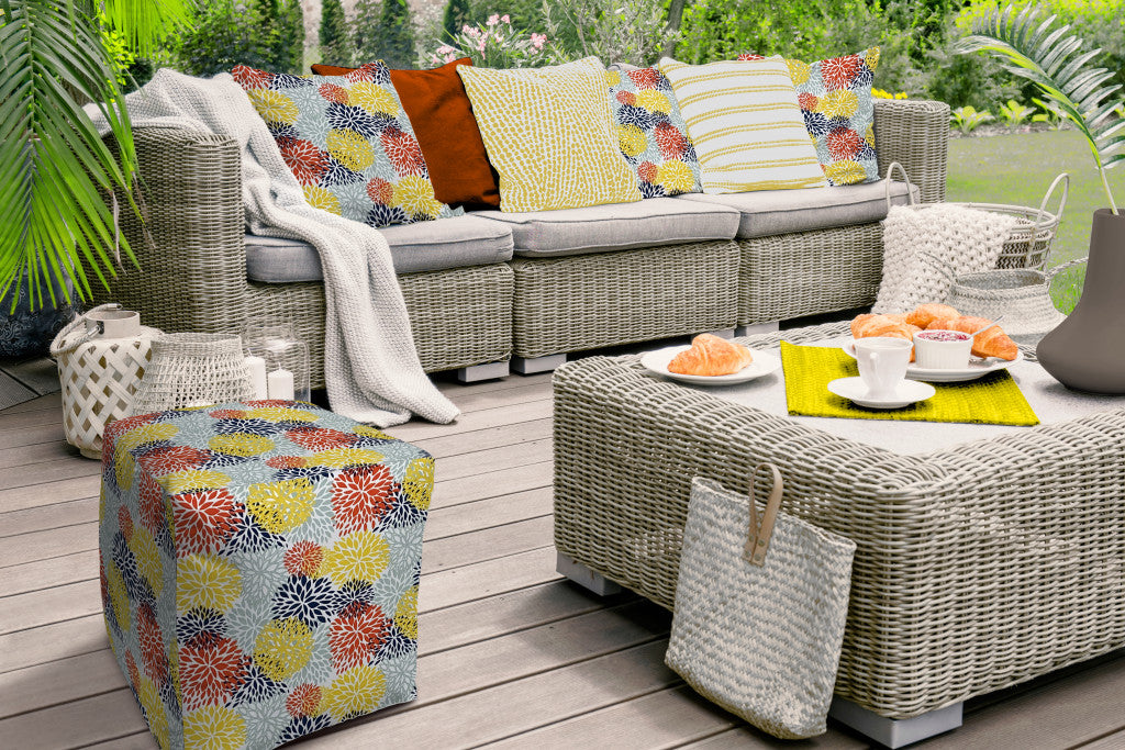 17" Yellow Gray and White Polyester Cube Floral Outdoor Pouf Ottoman